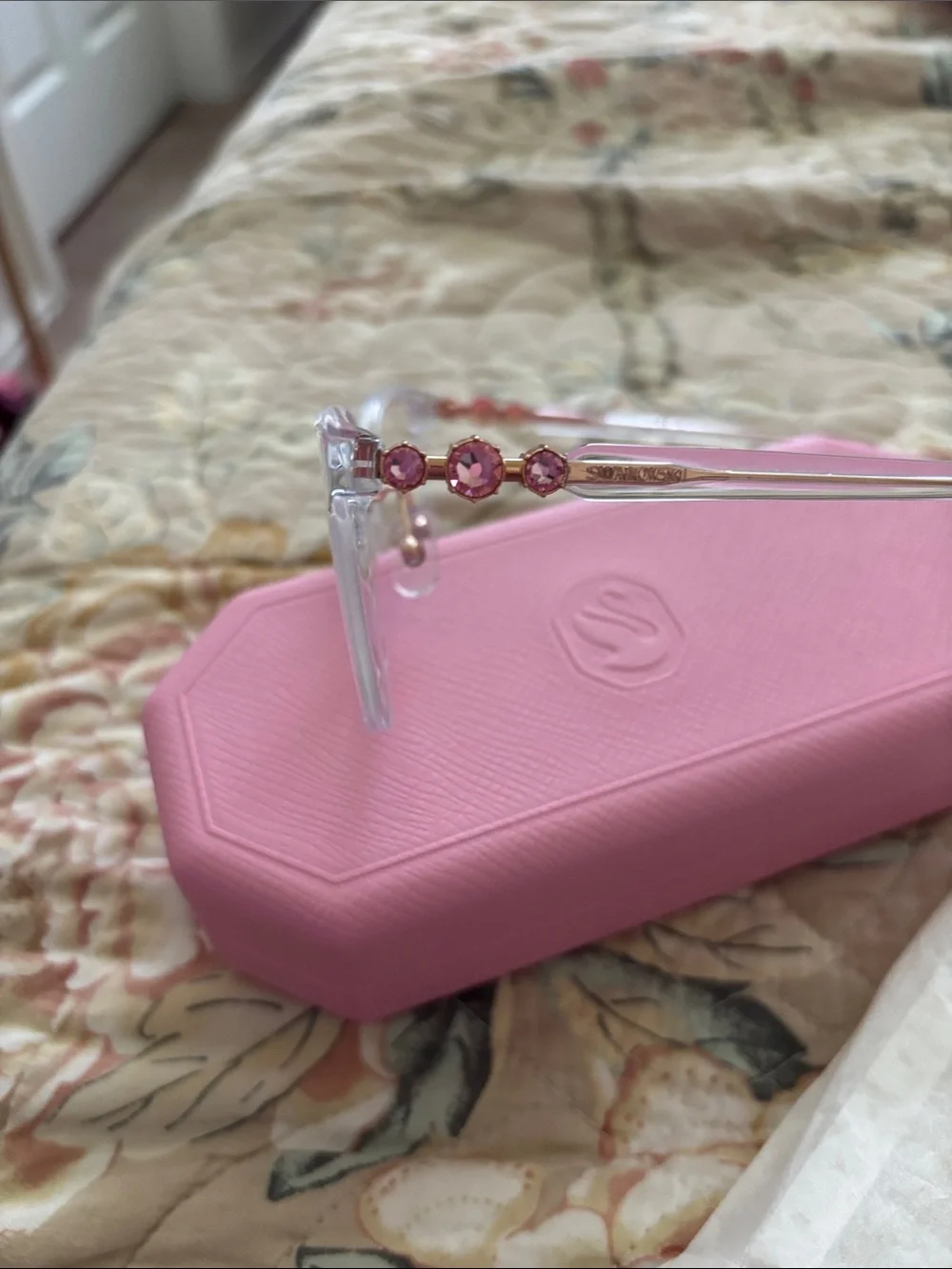 Swarovski Clear Frame Glasses with Pink Hard Case and Gold Accents